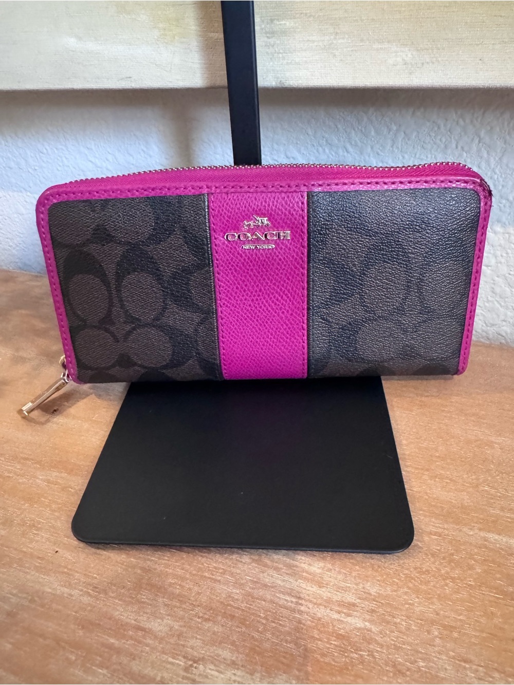 Coach Brown Signature Zip Wallet with Fuchsia Stripe